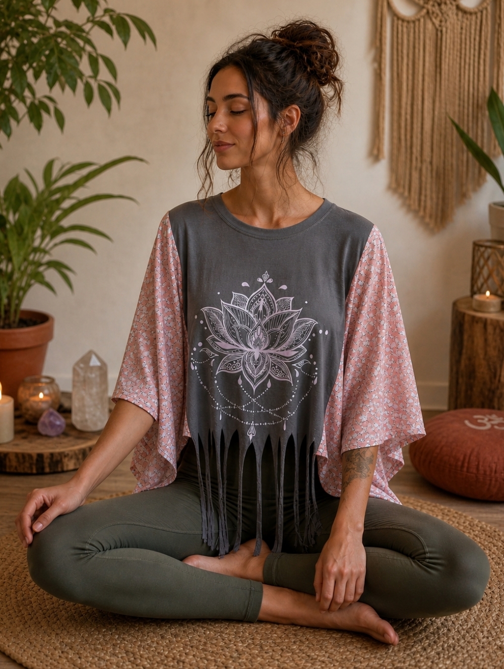 Upcycled Lotus Flower Graphic Tee With Flowy Sleeves, OS